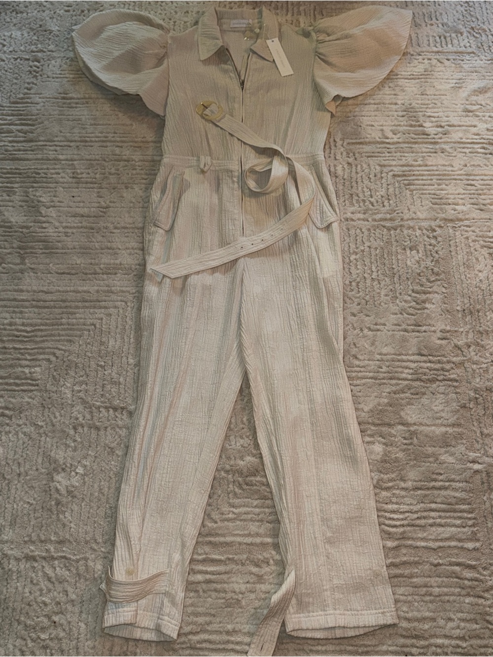 Jonathan Simkhai Cream Textured Puff-Sleeve Utility Jumpsuit